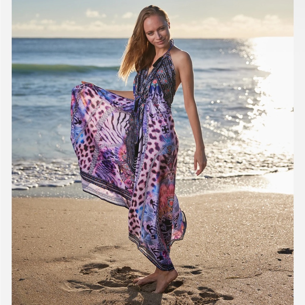 Ranee’s 691 Pink Purple Halter Printed Maxi Coverup Resort Swim Animal Dress - Picture 2 of 11